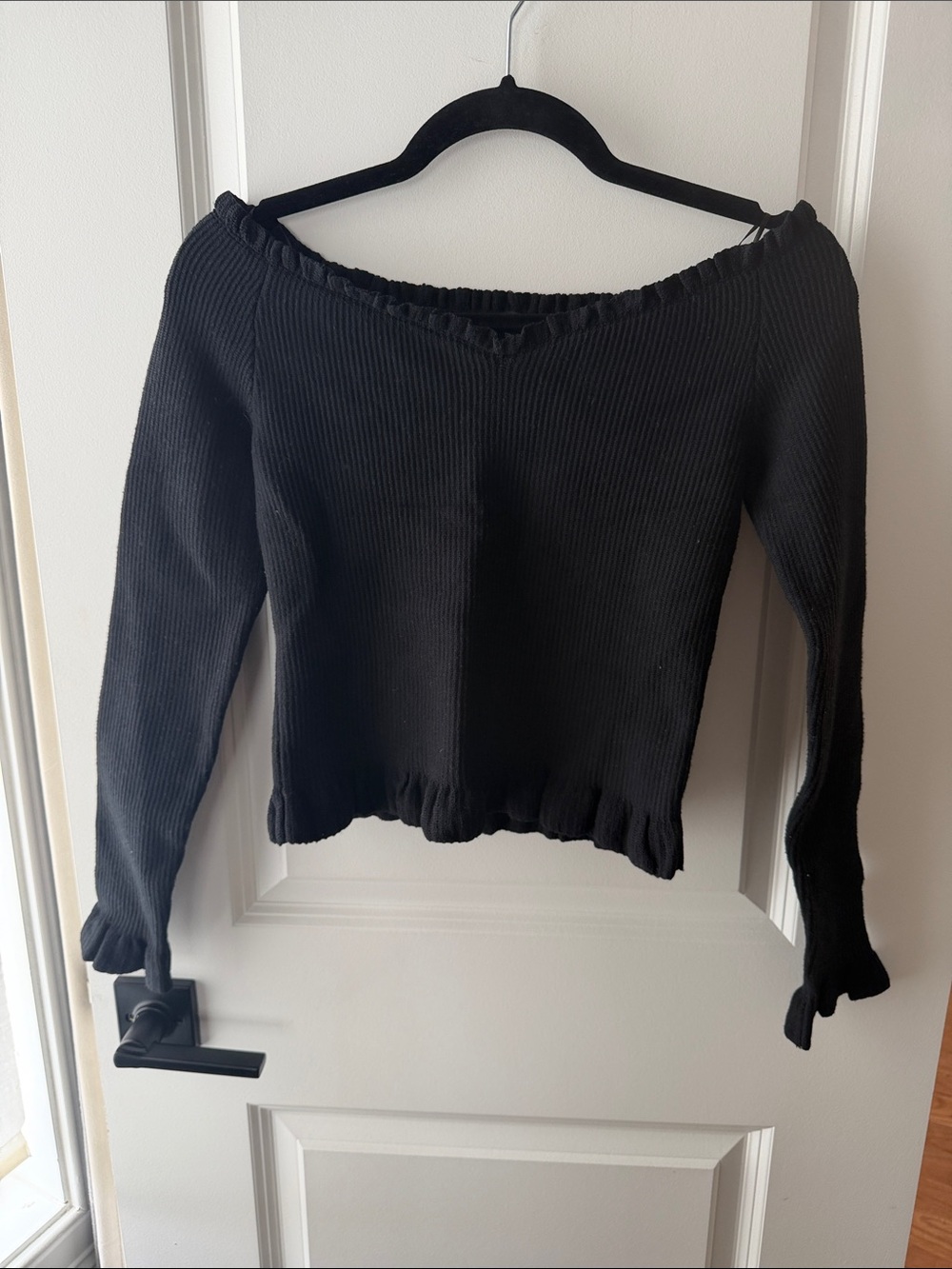 Express Black Ribbed Off-Shoulder Long Sleeve Top